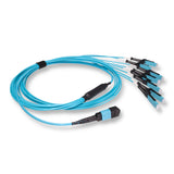 16-Fiber Non-Pinned MPO/UPC to  8 x MDC/UPC Fanout Cable | Corning® ClearCurve® OM4 Multimode Optical Fiber | Crossover, Aqua MPO Connector, Aqua MDC Connector, Aqua Cable Jacket | OFNP Jacket
