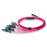 16-Fiber Non-Pinned MPO/UPC to  8 x MDC/UPC Fanout Cable | Corning® ClearCurve® OM4 Multimode Optical Fiber | Crossover, Aqua MPO Connector, Aqua MDC Connector, Magenta Cable Jacket | OFNP Jacket
