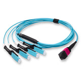 8-Fiber Non-Pinned MPO/UPC to  4 x MDC/UPC Fanout Cable | Corning® ClearCurve® OM4 Multimode Optical Fiber | Type B, Magenta MPO Connector, Aqua MDC Connector, Aqua Cable Jacket | OFNP Jacket