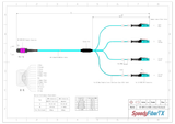 8-Fiber Non-Pinned MPO/UPC to  4 x MDC/UPC Fanout Cable | Corning® ClearCurve® OM4 Multimode Optical Fiber | Type B, Magenta MPO Connector, Aqua MDC Connector, Aqua Cable Jacket | OFNP Jacket