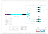 12-Fiber Non-Pinned MPO/UPC to  6 x MDC/UPC Fanout Cable | Corning® ClearCurve® OM4 Multimode Optical Fiber | Type B, Magenta MPO Connector, Aqua MDC Connector, Aqua Cable Jacket | OFNP Jacket