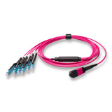 12-Fiber Non-Pinned MPO/UPC to  6 x MDC/UPC Fanout Cable | Corning® ClearCurve® OM4 Multimode Optical Fiber | Type B, Magenta MPO Connector, Aqua MDC Connector, Magenta Cable Jacket | OFNP Jacket