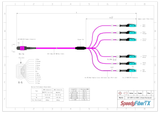 12-Fiber Non-Pinned MPO/UPC to  6 x MDC/UPC Fanout Cable | Corning® ClearCurve® OM4 Multimode Optical Fiber | Type B, Magenta MPO Connector, Aqua MDC Connector, Magenta Cable Jacket | OFNP Jacket