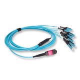 16-Fiber Non-Pinned MPO/UPC to  8 x MDC/UPC Fanout Cable | Corning® ClearCurve® OM4 Multimode Optical Fiber | Crossover, Magenta MPO Connector, Aqua MDC Connector, Aqua Cable Jacket | OFNP Jacket