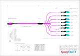 16-Fiber Non-Pinned MPO/UPC to  8 x MDC/UPC Fanout Cable | Corning® ClearCurve® OM4 Multimode Optical Fiber | Crossover, Magenta MPO Connector, Aqua MDC Connector, Magenta Cable Jacket | OFNP Jacket