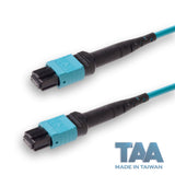 TAA Compliant | 12-Fiber Low Loss Non-Pinned MPO/UPC to Non-Pinned MPO/UPC Jumper Cable | Corning ClearCurve OM3 Multimode Optical Fiber | Type B, Aqua MPO Connector, Aqua OFNP Cable Jacket