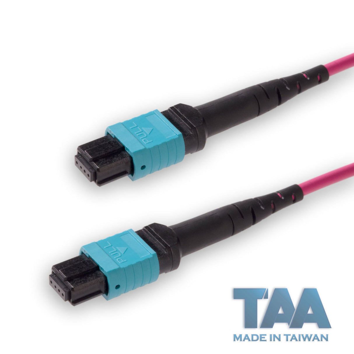 TAA Compliant | 12-Fiber Low Loss Non-Pinned MPO/UPC to Non-Pinned MPO/UPC Jumper Cable | Corning ClearCurve OM4 Multimode Optical Fiber | Type A, Aqua MPO Connector, Magenta OFNP Cable Jacket