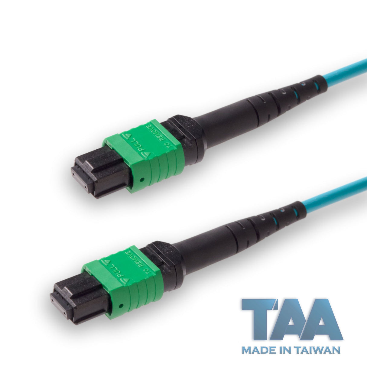 TAA Compliant | 8-Fiber Low Loss Non-Pinned MPO/APC to Non-Pinned MPO/APC Jumper Cable | Corning ClearCurve OM4 Multimode Optical Fiber | Type B, Green MPO Connector, Aqua OFNP Cable Jacket