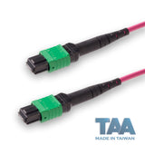 TAA Compliant | 8-Fiber Low Loss Non-Pinned MPO/APC to Non-Pinned MPO/APC Jumper Cable | Corning ClearCurve OM4 Multimode Optical Fiber | Type B, Green MPO Connector, Magenta OFNP Cable Jacket