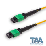 TAA Compliant | 12-Fiber Low Loss Non-Pinned MPO/APC to Non-Pinned MPO/APC Jumper Cable | Corning SMF-28 Ultra Single-mode Optical Fiber | OS1/OS2 Compatible | Type A, Green MPO Connector, Yellow OFNP Cable Jacket