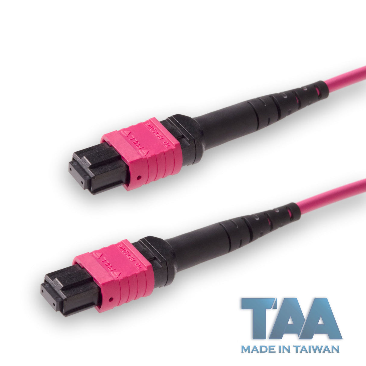 TAA Compliant | 12-Fiber Low Loss Non-Pinned MPO/UPC to Non-Pinned MPO/UPC Jumper Cable | Corning ClearCurve OM4 Multimode Optical Fiber | Type A, Magenta MPO Connector, Magenta OFNP Cable Jacket