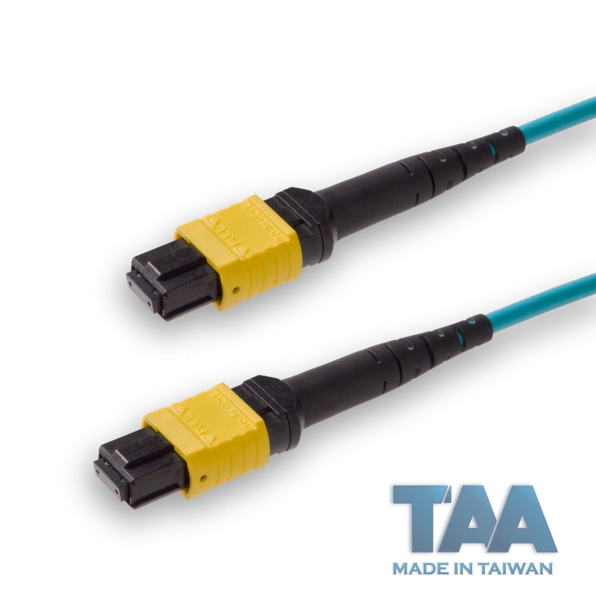 TAA Compliant | 8-Fiber Low Loss Non-Pinned MPO/APC to Non-Pinned MPO/APC Jumper Cable | Corning ClearCurve OM4 Multimode Optical Fiber | Type B, Yellow MPO Connector, Aqua OFNP Cable Jacket