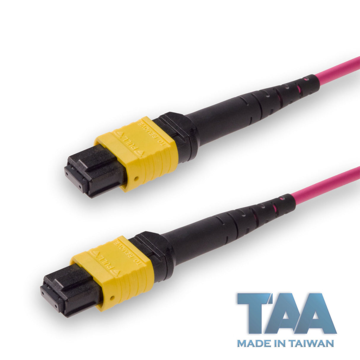 TAA Compliant | 8-Fiber Low Loss Non-Pinned MPO/APC to Non-Pinned MPO/APC Jumper Cable | Corning ClearCurve OM4 Multimode Optical Fiber | Type B, Yellow MPO Connector, Magenta OFNP Cable Jacket