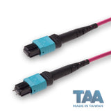 TAA Compliant | 12-Fiber Low Loss Pinned MPO/UPC to Non-Pinned MPO/UPC Jumper Cable | Corning ClearCurve OM4 Multimode Optical Fiber | Type B, Aqua MPO Connector, Magenta OFNP Cable Jacket