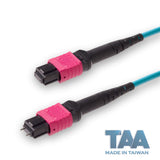 TAA Compliant | 12-Fiber Low Loss Pinned MPO/UPC to Non-Pinned MPO/UPC Jumper Cable | Corning ClearCurve OM4 Multimode Optical Fiber | Type A, Magenta MPO Connector, Aqua OFNP Cable Jacket