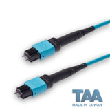 TAA Compliant | 12-Fiber Low Loss Pinned MPO/UPC to Pinned MPO/UPC Jumper Cable | Corning ClearCurve OM3 Multimode Optical Fiber | Type A, Aqua MPO Connector, Aqua OFNP Cable Jacket