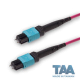 TAA Compliant | 12-Fiber Low Loss Pinned MPO/UPC to Pinned MPO/UPC Jumper Cable | Corning ClearCurve OM4 Multimode Optical Fiber | Type B, Aqua MPO Connector, Magenta OFNP Cable Jacket