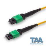 TAA Compliant | 12-Fiber Low Loss Pinned MPO/APC to Pinned MPO/APC Jumper Cable | Corning SMF-28 Ultra Single-mode Optical Fiber | OS1/OS2 Compatible | Type A, Green MPO Connector, Yellow OFNP Cable Jacket