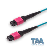 TAA Compliant | 12-Fiber Low Loss Pinned MPO/UPC to Pinned MPO/UPC Jumper Cable | Corning ClearCurve OM4 Multimode Optical Fiber | Type B, Magenta MPO Connector, Aqua OFNP Cable Jacket