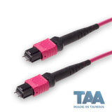 TAA Compliant | 12-Fiber Low Loss Pinned MPO/UPC to Pinned MPO/UPC Jumper Cable | Corning ClearCurve OM4 Multimode Optical Fiber | Type B, Magenta MPO Connector, Magenta OFNP Cable Jacket