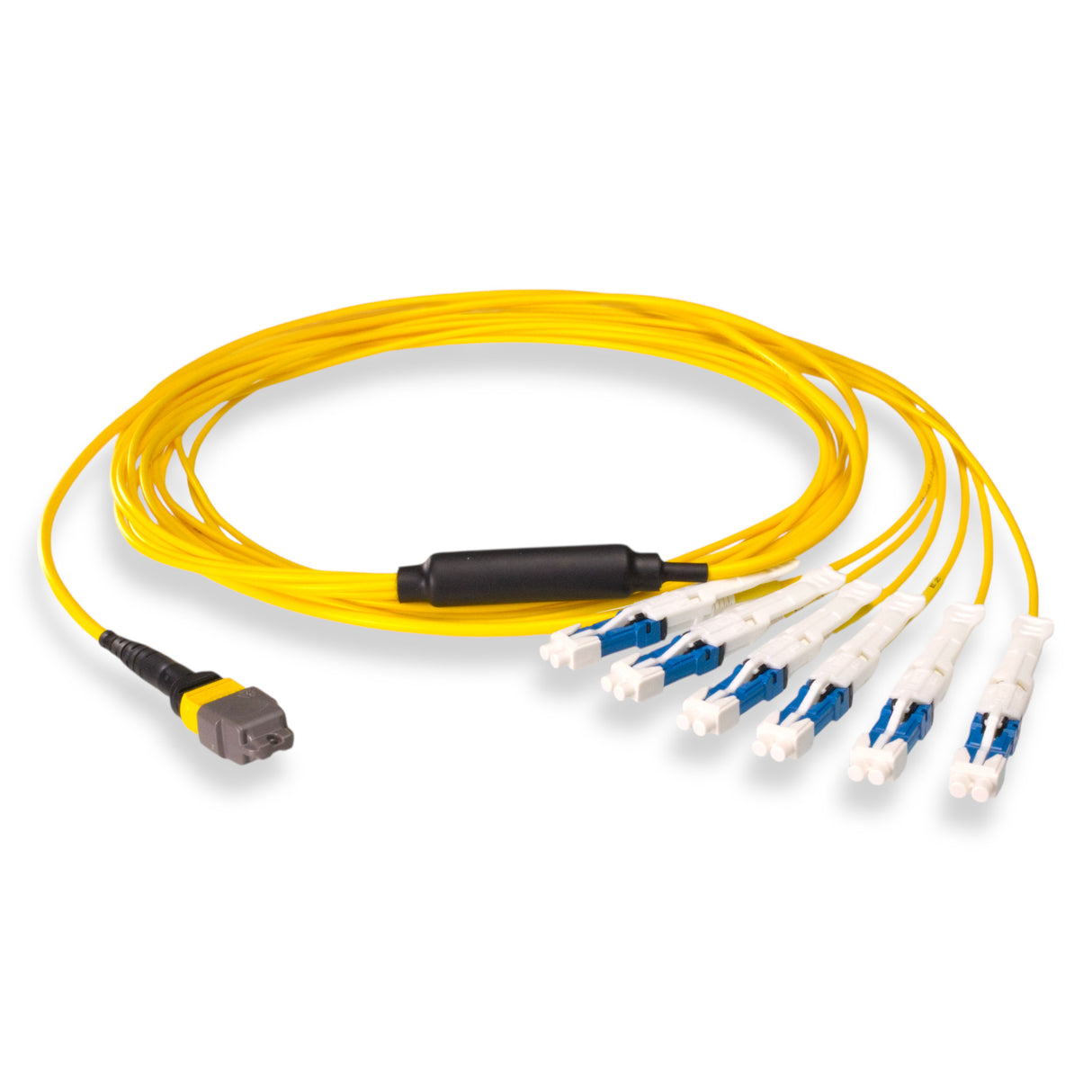 12-Fiber Non-Pinned MTP-12/APC to  6 x CS/UPC Breakout Cable | Corning® SMF-28® Ultra Single-mode Optical Fiber | OS1/OS2 Compatible | Type B, Yellow MTP Connector, Blue CS Connector, Yellow Cable Jacket | OFNP Jacket