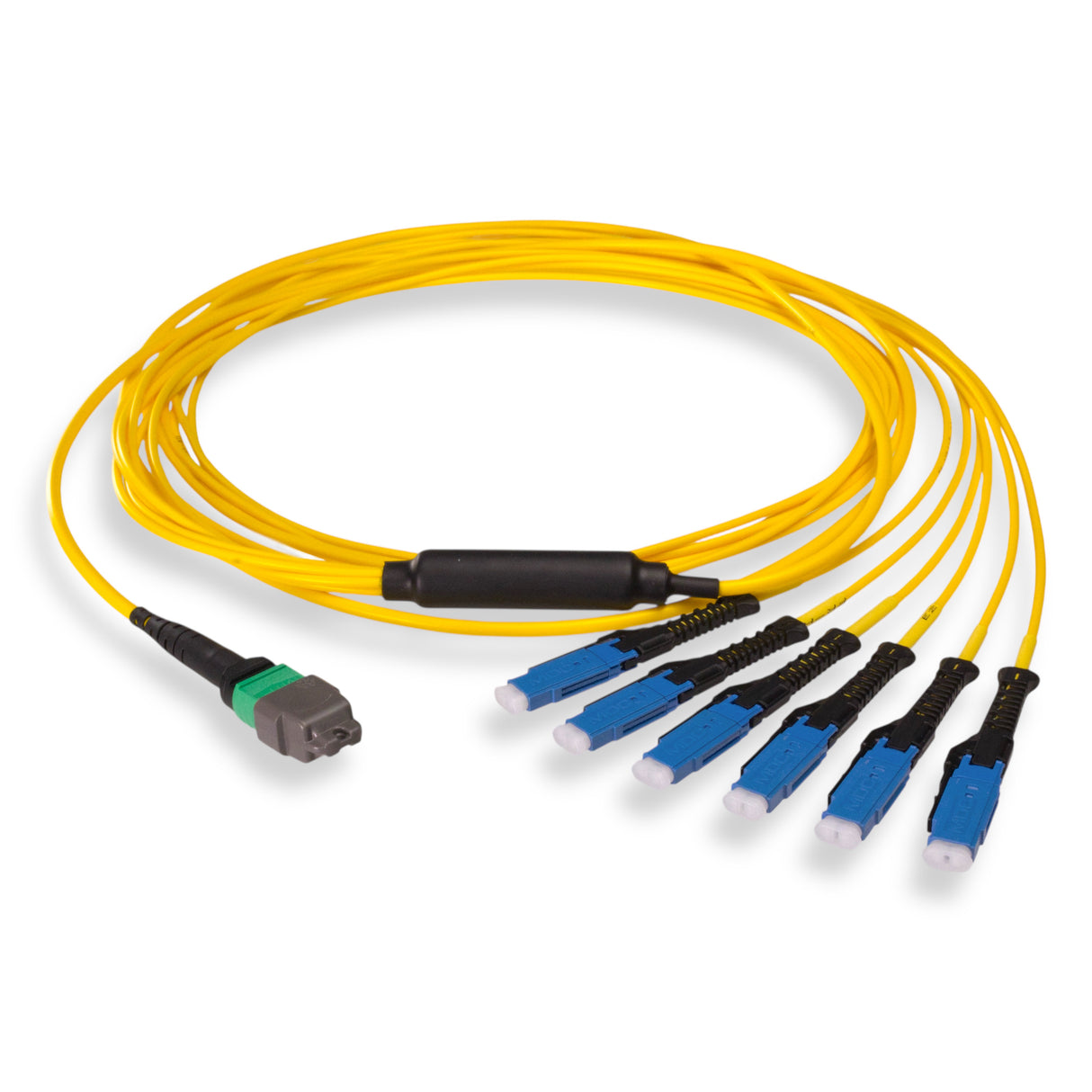 12-Fiber Non-Pinned MTP/APC to  6 x MDC/UPC Fanout Cable | Corning® SMF-28® Ultra Single-mode Optical Fiber | OS1/OS2 Compatible | Type B, Green MTP Connector, Blue MDC Connector, Yellow Cable Jacket | OFNP Jacket