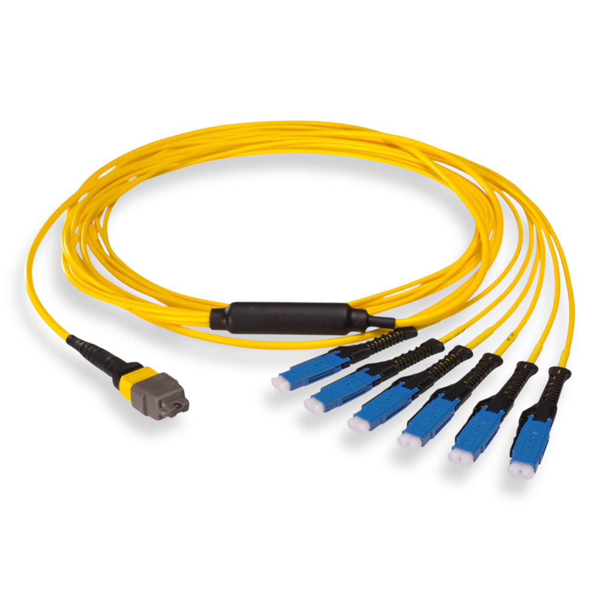 12-Fiber Non-Pinned MTP/APC to  6 x MDC/UPC Fanout Cable | Corning® SMF-28® Ultra Single-mode Optical Fiber | OS1/OS2 Compatible | Type B, Yellow MTP Connector, Blue MDC Connector, Yellow Cable Jacket | OFNP Jacket