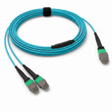16-Fiber Elite Non-Pinned MTP/APC to Non-Pinned 2 x MTP/APC Breakout Cable | Corning ClearCurve OM4 Multimode Optical Fiber | Crossover, Green MTP Connector, Green 2 x MTP Connector, Aqua OFNP Cable Jacket