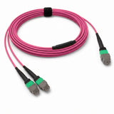 16-Fiber Elite Non-Pinned MTP/APC to Non-Pinned 2 x MTP/APC Breakout Cable | Corning ClearCurve OM4 Multimode Optical Fiber | Crossover, Green MTP Connector, Green 2 x MTP Connector, Magenta OFNP Cable Jacket