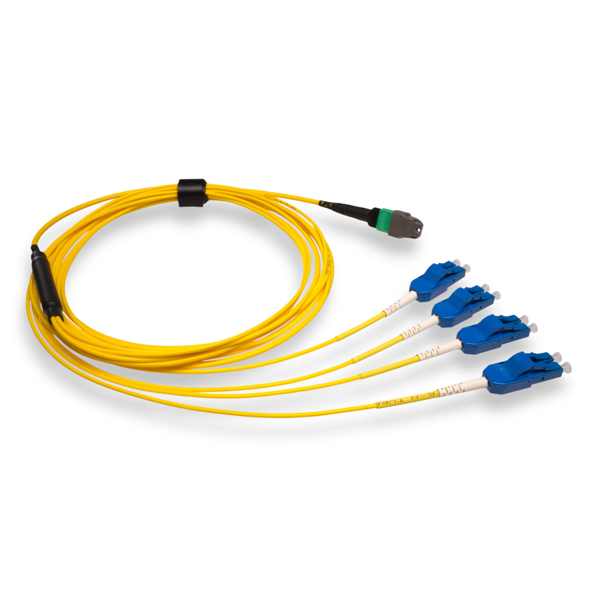 8-Fiber Elite Non-Pinned MTP/APC to 4 x LC Uniboot/UPC Duplex QSFP Type Breakout Cable | Corning SMF-28 Ultra Single-mode Optical Fiber | OS1/OS2 Compatible | Type B, Green MTP Connector, Blue LC Uniboot Connector, Yellow OFNP Cable Jacket