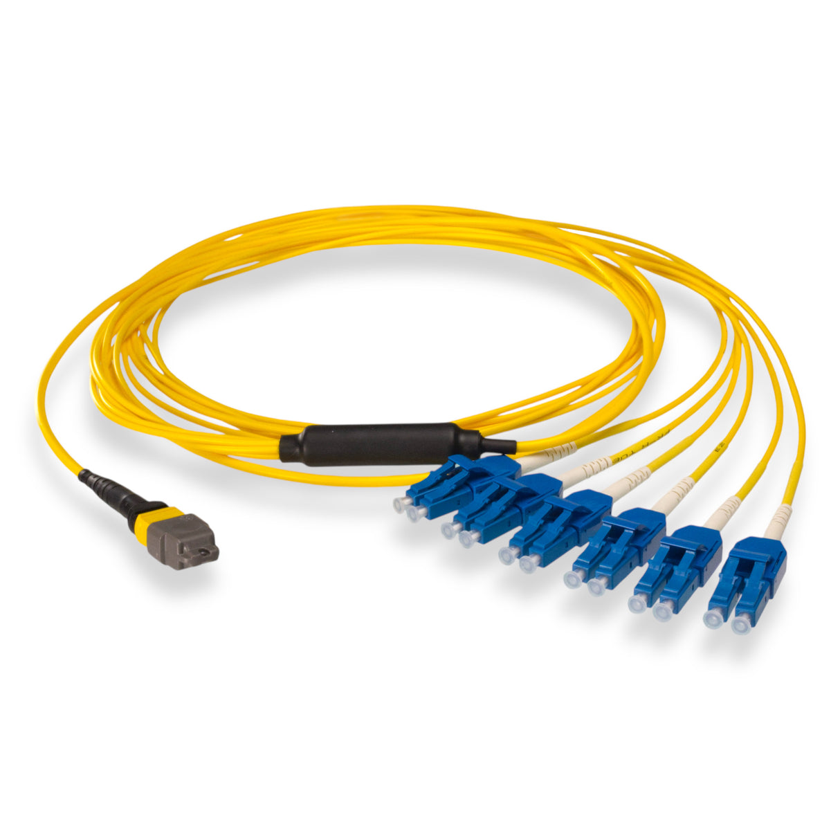 12-Fiber Elite Non-Pinned MTP/APC to 6 x LC Uniboot/UPC Duplex QSFP Type Breakout Cable | Corning SMF-28 Ultra Single-mode Optical Fiber | OS1/OS2 Compatible | Type B, Yellow MTP Connector, Blue LC Uniboot Connector, Yellow OFNP Cable Jacket