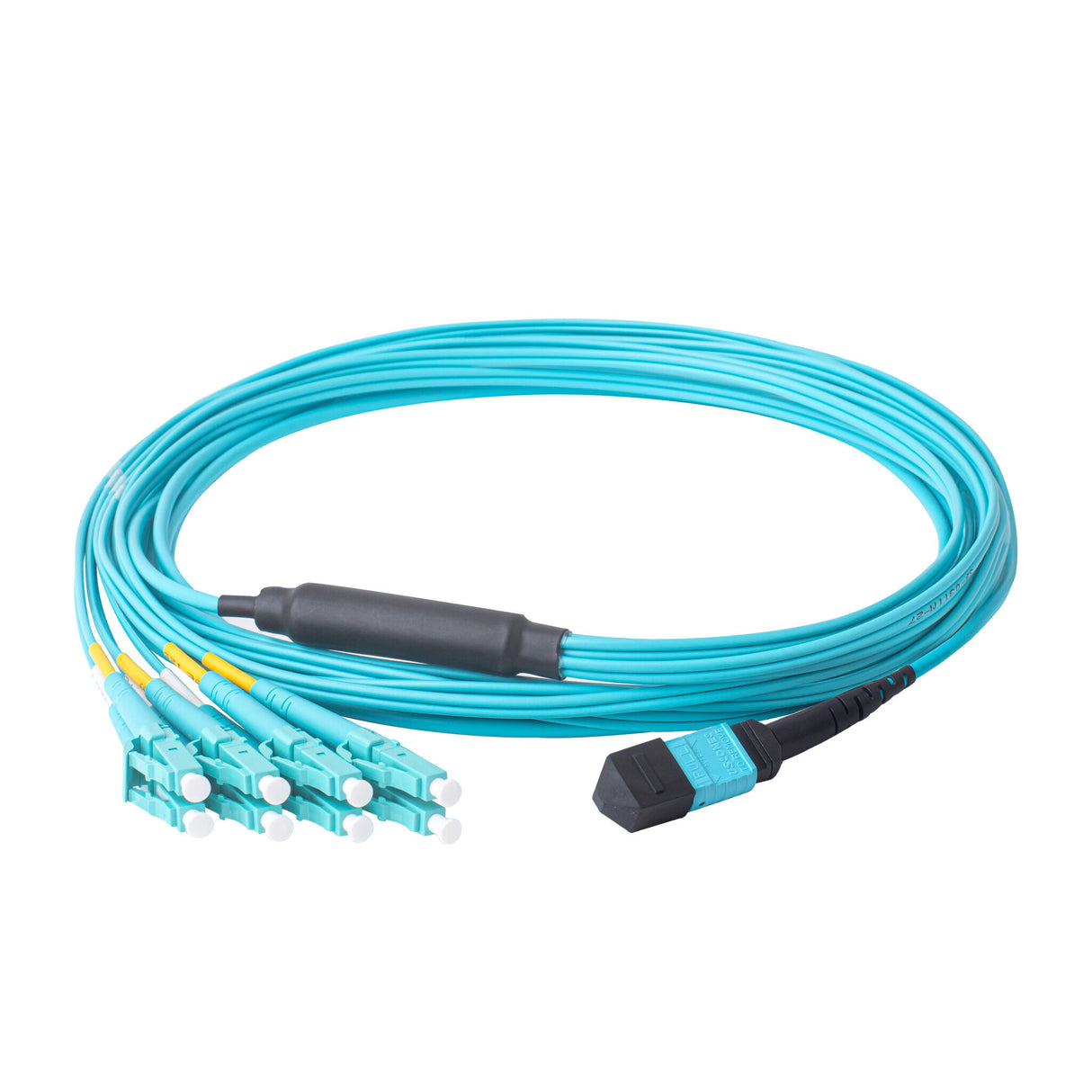 8-Fiber Elite Non-Pinned MTP/UPC to 4 x LC/UPC Duplex QSFP Type Breakout Cable | Corning ClearCurve OM4 Multimode Optical Fiber | Type B, Aqua MTP Connector, Aqua LC Connector, Aqua OFNP Cable Jacket