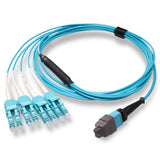 8-Fiber Elite Non-Pinned MTP/UPC to 4 x LC Uniboot/UPC Duplex QSFP Type Breakout Cable | Corning ClearCurve OM4 Multimode Optical Fiber | Type B, Aqua MTP Connector, Aqua LC Uniboot Connector, Aqua OFNP Cable Jacket