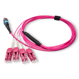 8-Fiber Elite Non-Pinned MTP/UPC to 4 x LC Uniboot/UPC Duplex QSFP Type Breakout Cable | Corning ClearCurve OM4 Multimode Optical Fiber | Type B, Aqua MTP Connector, Magenta LC Uniboot Connector, Magenta OFNP Cable Jacket