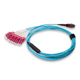 12-Fiber Elite Non-Pinned MTP/UPC to 6 x LC Uniboot/UPC Duplex QSFP Type Breakout Cable | Corning ClearCurve OM4 Multimode Optical Fiber | Type B, Magenta MTP Connector, Magenta LC Uniboot Connector, Aqua OFNP Cable Jacket