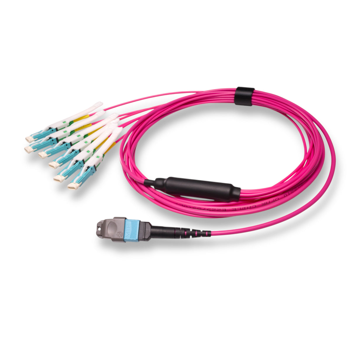 12-Fiber Non-Pinned MTP-12/UPC to  6 x CS/UPC Breakout Cable | Corning® ClearCurve® OM4 Multimode Optical Fiber | Type B, Aqua MTP Connector, Aqua CS Connector, Magenta Cable Jacket | OFNP Jacket