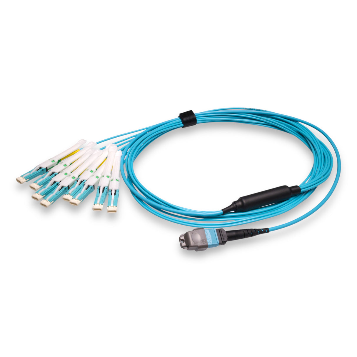 16-Fiber Non-Pinned MTP-16/UPC to  8 x CS/UPC Breakout Cable | Corning® ClearCurve® OM4 Multimode Optical Fiber | Crossover, Aqua MTP Connector, Aqua CS Connector, Aqua Cable Jacket | OFNP Jacket