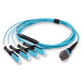 8-Fiber Non-Pinned MTP/UPC to  4 x MDC/UPC Fanout Cable | Corning® ClearCurve® OM4 Multimode Optical Fiber | Type B, Aqua MTP Connector, Aqua MDC Connector, Aqua Cable Jacket | OFNP Jacket