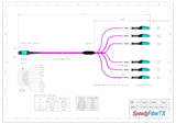 12-Fiber Non-Pinned MTP/UPC to  6 x MDC/UPC Fanout Cable | Corning® ClearCurve® OM4 Multimode Optical Fiber | Type B, Aqua MTP Connector, Aqua MDC Connector, Magenta Cable Jacket | OFNP Jacket