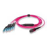 12-Fiber Non-Pinned MTP/UPC to  6 x MDC/UPC Fanout Cable | Corning® ClearCurve® OM4 Multimode Optical Fiber | Type B, Magenta MTP Connector, Aqua MDC Connector, Magenta Cable Jacket | OFNP Jacket