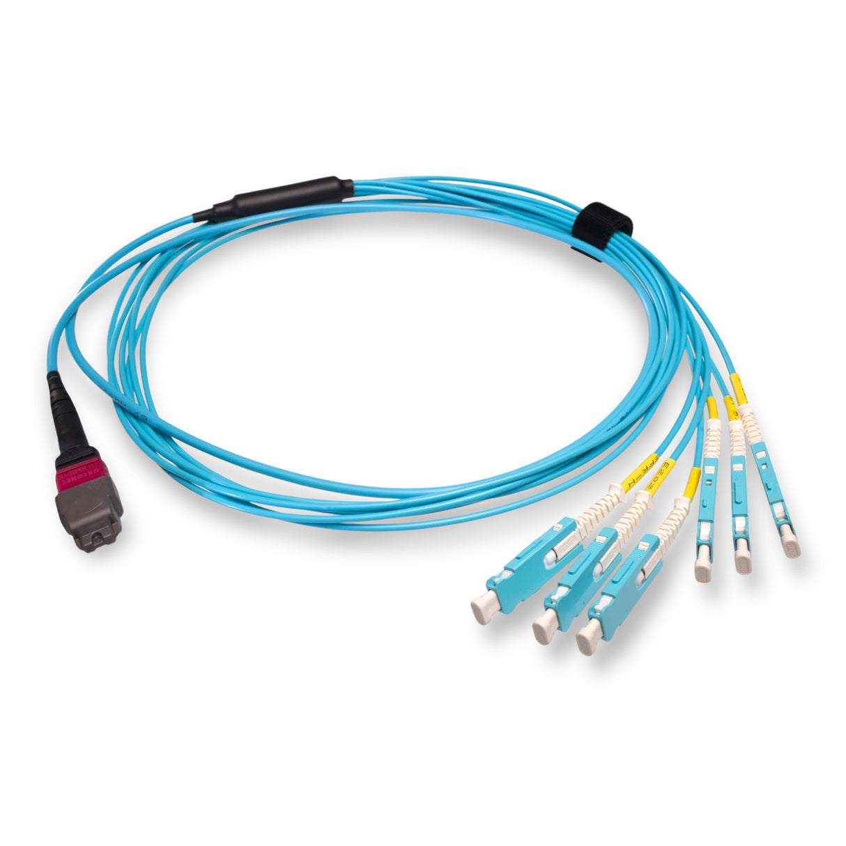 12-Fiber Non-Pinned MTP/UPC to  6 x SN/UPC Fanout Cable | Corning® ClearCurve® OM4 Multimode Optical Fiber | Type B, Magenta MTP Connector, Aqua SN Connector, Aqua Cable Jacket | OFNP Jacket