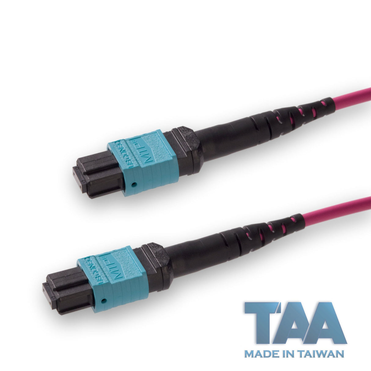 TAA Compliant | 12-Fiber Elite Non-Pinned MTP/UPC to Non-Pinned MTP/UPC Jumper Cable | Corning ClearCurve OM4 Multimode Optical Fiber | Type B, Aqua MTP Connector, Magenta OFNP Cable Jacket