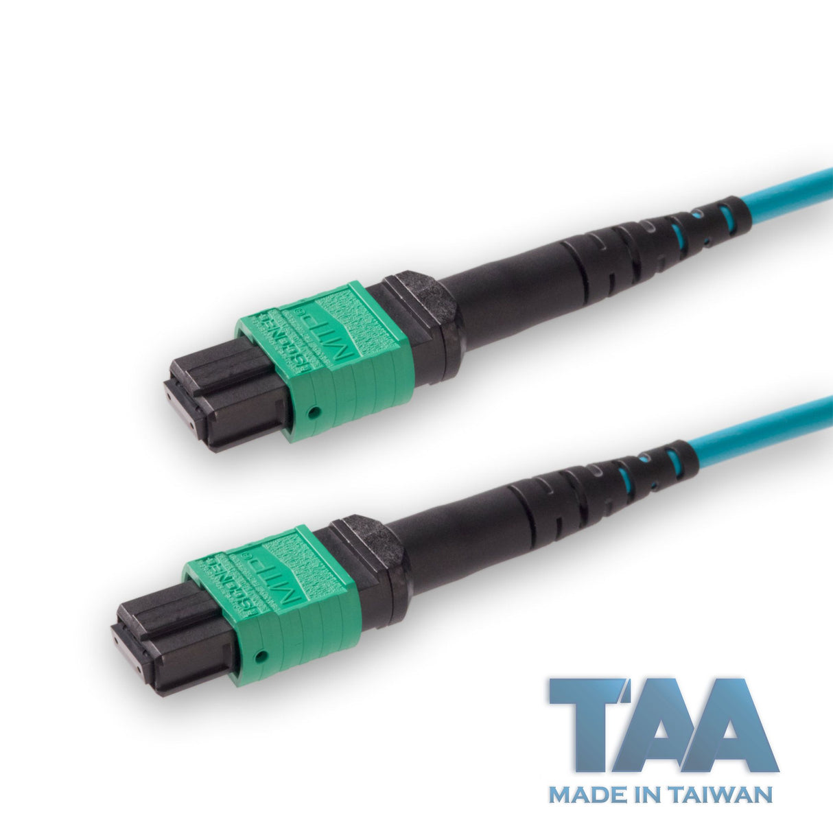 TAA Compliant | 8-Fiber Elite Non-Pinned MTP/APC to Non-Pinned MTP/APC Jumper Cable | Corning ClearCurve OM4 Multimode Optical Fiber | Type B, Green MTP Connector, Aqua OFNP Cable Jacket