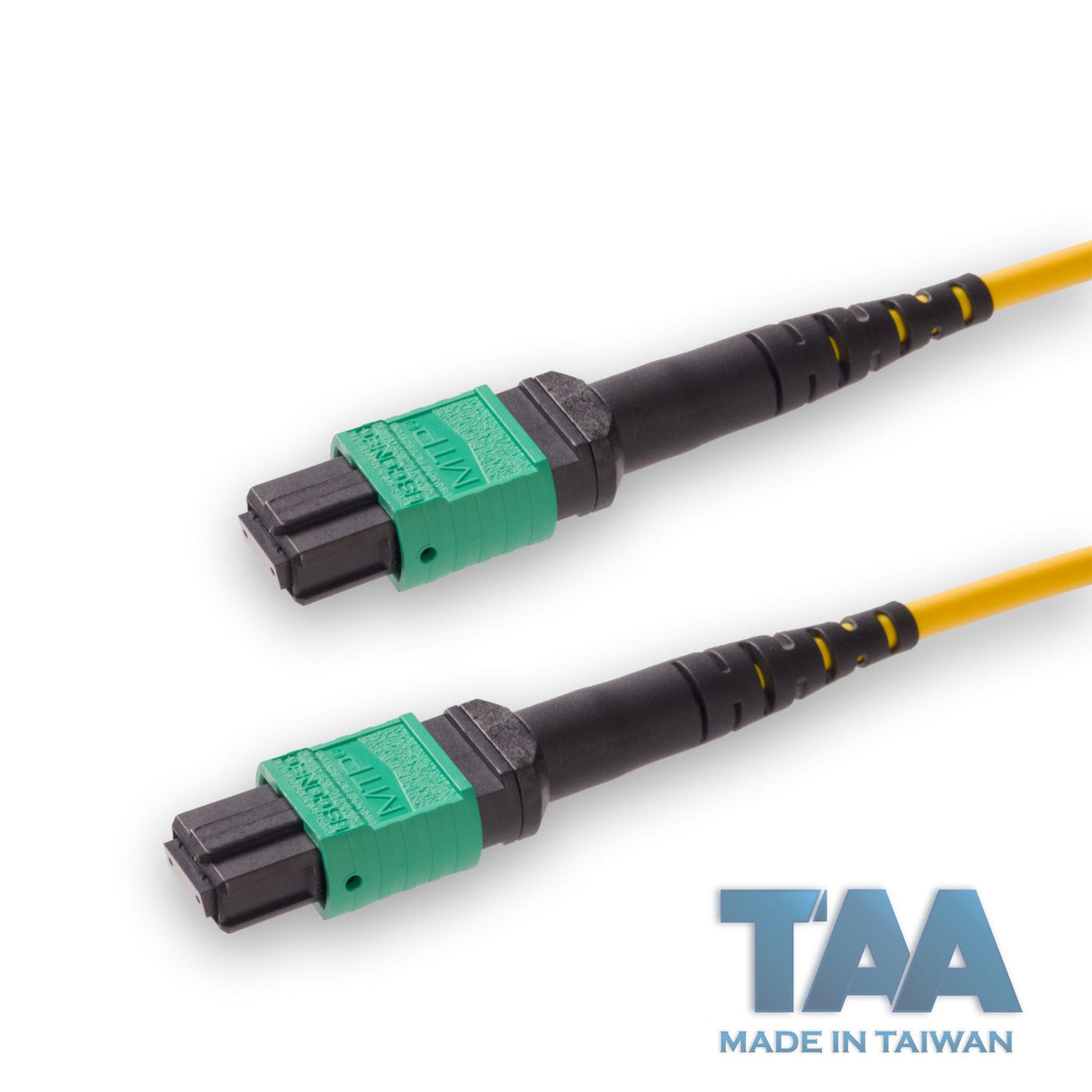 TAA Compliant | 12-Fiber Elite Non-Pinned MTP/APC to Non-Pinned MTP/APC Jumper Cable | Corning SMF-28 Ultra Single-mode Optical Fiber | OS1/OS2 Compatible | Type A, Green MTP Connector, Yellow OFNP Cable Jacket
