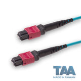 TAA Compliant | 8-Fiber Elite Non-Pinned MTP/UPC to Non-Pinned MTP/UPC Jumper Cable | Corning ClearCurve OM4 Multimode Optical Fiber | Type B, Magenta MTP Connector, Aqua OFNP Cable Jacket