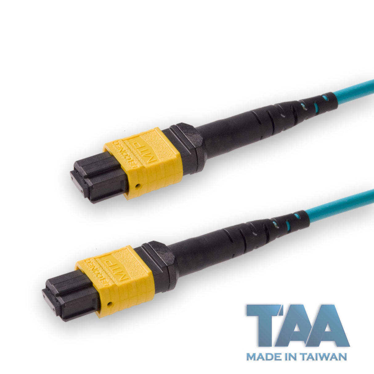 TAA Compliant | 8-Fiber Elite Non-Pinned MTP/APC to Non-Pinned MTP/APC Jumper Cable | Corning ClearCurve OM4 Multimode Optical Fiber | Type B, Yellow MTP Connector, Aqua OFNP Cable Jacket