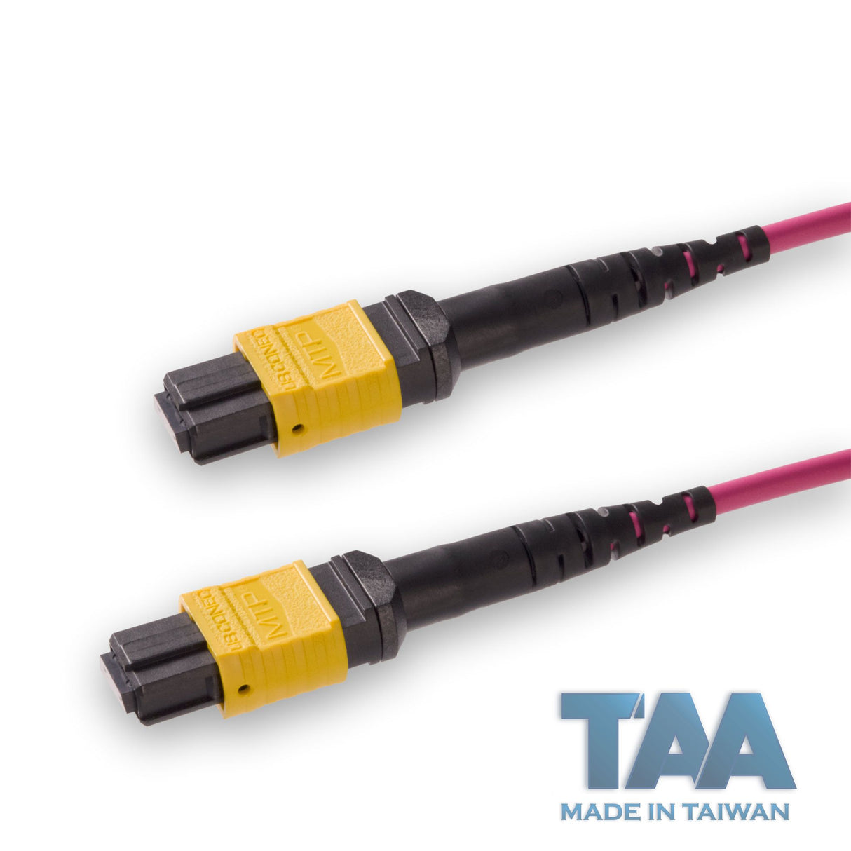 TAA Compliant | 8-Fiber Elite Non-Pinned MTP/APC to Non-Pinned MTP/APC Jumper Cable | Corning ClearCurve OM4 Multimode Optical Fiber | Type B, Yellow MTP Connector, Magenta OFNP Cable Jacket
