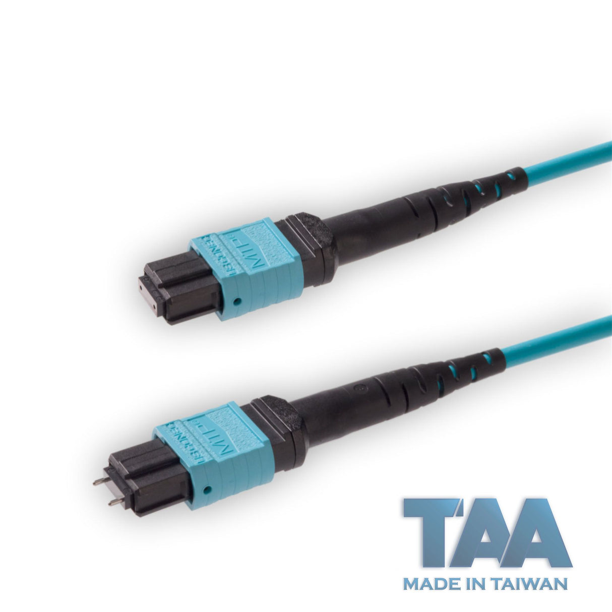 TAA Compliant | 12-Fiber Elite Pinned MTP/UPC to Non-Pinned MTP/UPC Jumper Cable | Corning ClearCurve OM3 Multimode Optical Fiber | Type A, Aqua MTP Connector, Aqua OFNP Cable Jacket