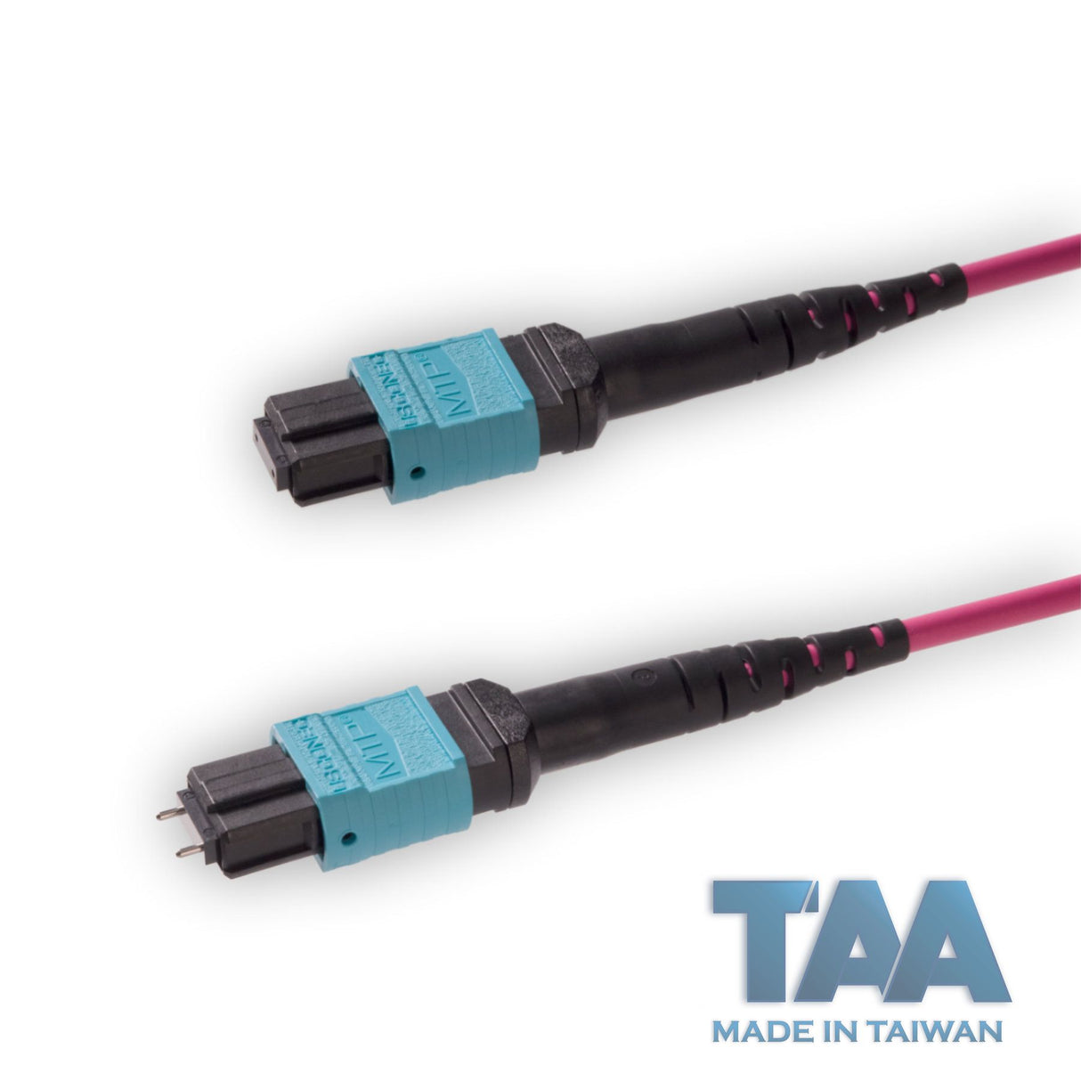 TAA Compliant | 12-Fiber Elite Pinned MTP/UPC to Non-Pinned MTP/UPC Jumper Cable | Corning ClearCurve OM4 Multimode Optical Fiber | Type A, Aqua MTP Connector, Magenta OFNP Cable Jacket