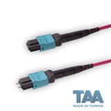 TAA Compliant | 12-Fiber Elite Pinned MTP/UPC to Non-Pinned MTP/UPC Jumper Cable | Corning ClearCurve OM4 Multimode Optical Fiber | Type A, Aqua MTP Connector, Magenta OFNP Cable Jacket